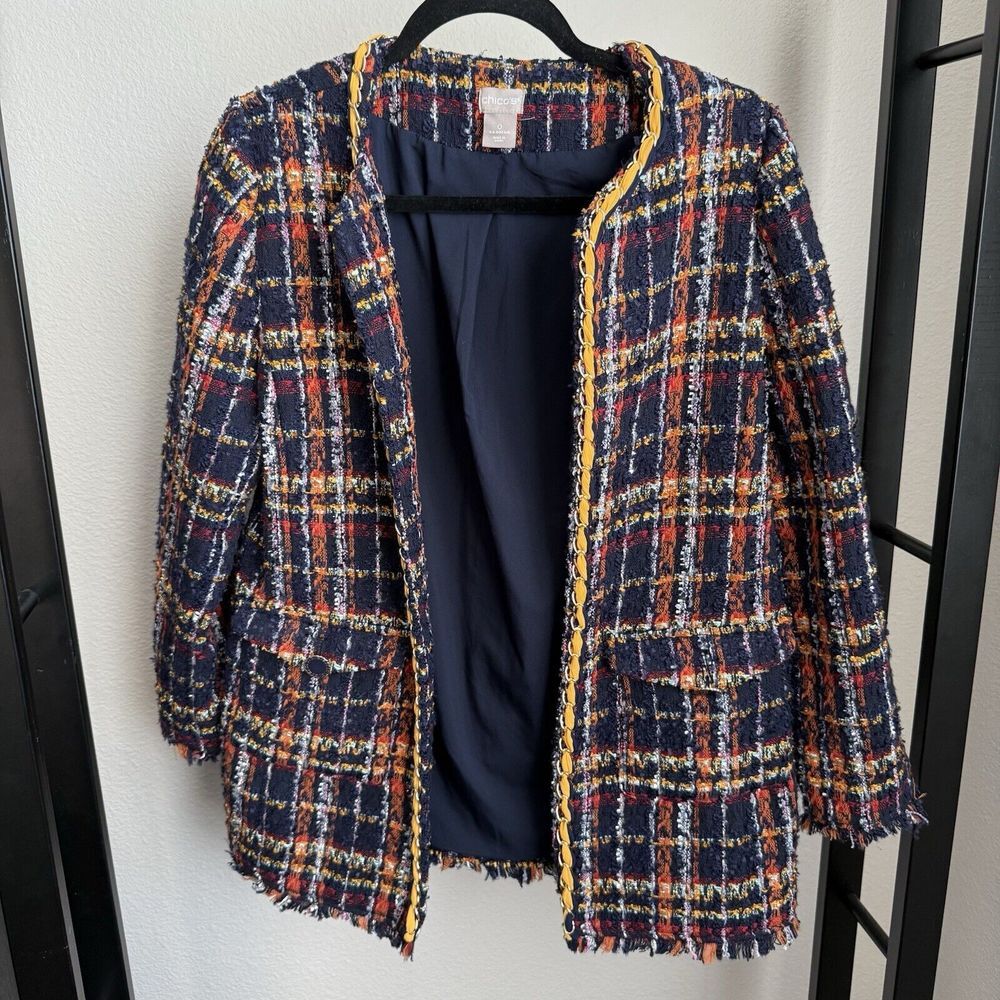 Chico's Womens Small Tweed Jacket Blue Yellow Red‎ Chain Trim Open Front